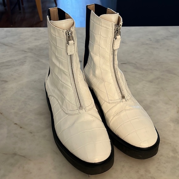 Stuart Weitzman White Zip Croc-Embossed Leather Bootie.